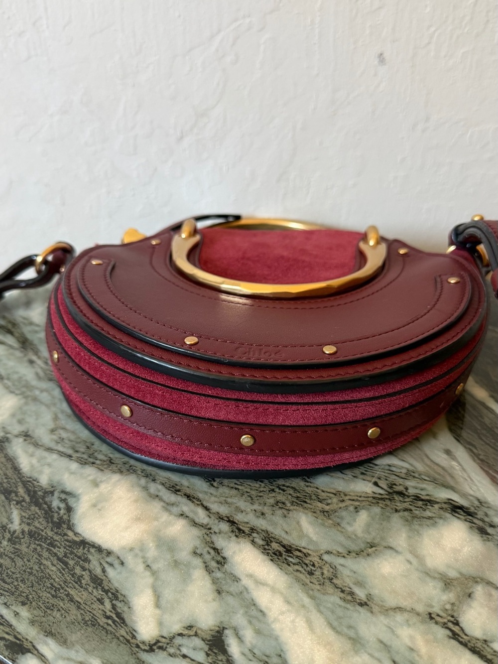 Wine Red Leather Circle Crossbody Bag with Gold Handles - Picture 5 of 7